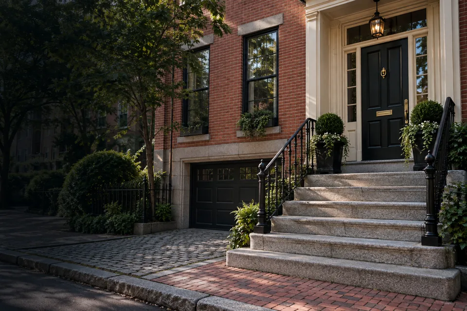 Pest Control in Boston MA website cover with Boston-style brick townhouse entry with stone steps, black railing and restrained urban planting